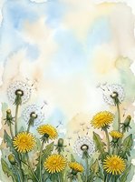 Watercolor dandelions with yellow blooms and white seed heads on soft blue sky background, copy space for text, spring nature art.