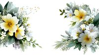 Delicate watercolor floral composition with white and yellow flowers, eucalyptus leaves and greenery on white background, isolated for wedding invitations.