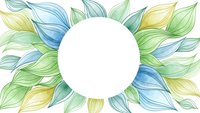 Watercolor leaves frame with white circle center for text or logo placement. Botanical border with flowing organic shapes in blue, green and yellow tones.