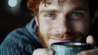 Young redhead man with freckles drinking from ceramic mug, cozy winter portrait with warm lighting and genuine smile for lifestyle content.