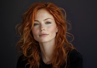 Young woman with natural red curly hair and freckles wearing black sweater against dark background, looking at camera with confident expression.