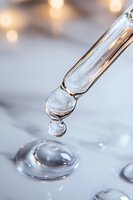 Glass dropper releasing clear liquid drops against blurred bokeh background, macro photography showing surface tension and reflection in medical or cosmetic context.