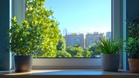 Potted plants on windowsill with vibrant green foliage against urban cityscape view, showcasing indoor gardening in apartment living.