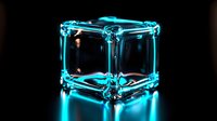 Glowing turquoise neon cube with transparent glass-like structure floating on dark background creates futuristic technological mood. Edges emit bright cyan light.