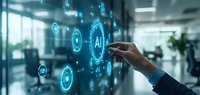 Businessman touching virtual AI interface with glowing network connections in modern office space, showcasing artificial intelligence technology advancement.