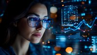 Young Caucasian businesswoman in glasses analyzing financial charts and data visualization with blue digital interface reflections in dark office environment.