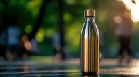 Stainless steel water bottle on outdoor surface with blurred green nature background during golden hour lighting for eco-friendly hydration lifestyle.
