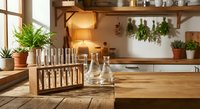 Rustic kitchen interior with wooden shelves, glass bottles in rack, potted plants and herbs creating cozy farmhouse atmosphere for home decor inspiration.