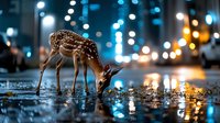 Young spotted deer drinking from puddle at night with urban bokeh lights creating magical atmosphere, reflections on wet pavement create dreamy scene.