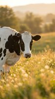 Holstein dairy cow standing in golden sunset meadow with warm light and blurred pastoral landscape background for agriculture and farming content.