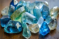Raw aquamarine, topaz and beryl crystals in various shades of blue and green on wooden surface, macro photography showing natural mineral structure and transparency.