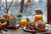 Cozy winter morning scene with fresh cinnamon rolls, hot beverage, orange juice and festive decorations on wooden table by snowy window.