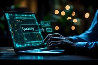 Professional typing on laptop with glowing quality management interface display, digital transformation concept in dark office with bokeh lights.