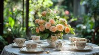 Elegant afternoon tea setting with peach roses centerpiece in vintage vase, antique porcelain teacups on lace tablecloth against blurred garden background.