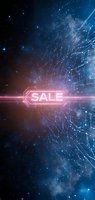 Futuristic neon sale sign glowing against cosmic background with digital circuit patterns, perfect for promotional campaigns and tech retail advertising.