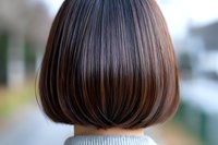 Back view of short brown bob haircut on Asian woman wearing gray sweater, showcasing modern hairstyle with clean lines and smooth texture.