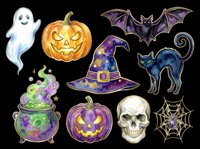 Spooky Halloween collection featuring ghost, jack-o-lantern, bat, witch hat, black cat, cauldron, skull, and spider web. Isolated on transparent background, ready for t-shirts, stickers, clipart, and print-on-demand designs.