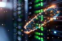 Glowing DNA molecule structure with sparkles and bokeh lights against blurred technology background, representing genetic research and biotechnology advancement.