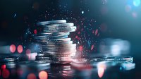 Stacked silver coins with glowing particles and bokeh lights on dark blue background, representing financial growth and investment success in business concept.