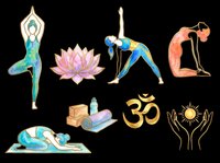 Watercolor yoga clipart set with poses, lotus, om symbol, and hands, isolated on transparent background. For t-shirt design, stickers, print on demand, sublimation.