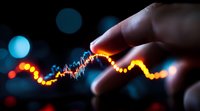 Finger touching glowing financial chart line with orange and blue gradient effect against dark background with bokeh lights. Analytics data visualization.