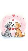 Two adorable cartoon puppies with red bows sharing love with floating hearts on soft pink background for romantic greeting cards and pet lover designs.