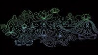 Meditation yoga poses with lotus flowers and flowing energy lines on black background. Spiritual wellness mindfulness zen relaxation design elements.