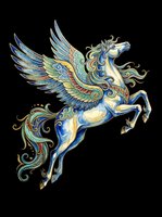 Ornate winged horse with flowing mane and tail in blue, green, and gold tones, isolated on transparent background. Ready for t-shirts, stickers, sublimation, and print-on-demand designs.