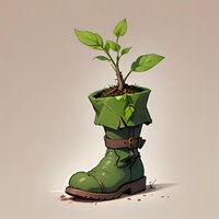 Green military boot with growing plant sprout inside, leather strap detail and soil, artistic fantasy illustration on neutral background. Eco-friendly concept.