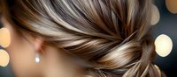 Elegant braided hairstyle with blonde and brown highlights against dark background with soft bokeh lights, close-up view showing intricate hair texture details.