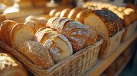 Fresh artisanal bread loaves displayed in wicker baskets at bakery counter, showing variety of crusty rolls and baked goods with golden brown surfaces.
