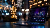 Business analytics dashboard on laptop screen with financial charts and graphs in modern office environment with bokeh lights background.