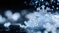 Delicate snowflake crystal with intricate patterns captured in macro photography against blurred winter background with bokeh lights and frost details.