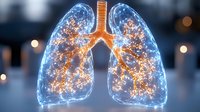 Glowing translucent human lungs with illuminated bronchial tree and alveoli network against dark background, medical visualization showing respiratory system anatomy.