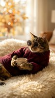Tabby cat wearing burgundy sweater and sunglasses holding coffee cup on cozy blanket with warm bokeh lights background for autumn comfort concepts.