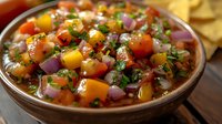 Fresh mango salsa with diced tomatoes, red onion, cilantro and lime juice in rustic brown ceramic bowl, served with tortilla chips for appetizer or snack.