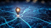 Glowing location pin on futuristic digital map with circuit patterns and network connections for navigation technology concepts.