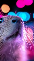 Close-up macro shot of white cat nose and whiskers illuminated by vibrant neon pink and blue bokeh lights creating dreamy atmospheric mood for creative designs.