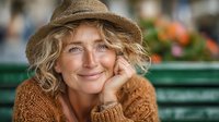 Middle-aged Caucasian woman with curly blonde hair wearing brown knit sweater and woven hat, smiling warmly while resting chin on hand outdoors.