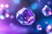 Geometric crystal shape floating in cosmic space with purple and blue bokeh lights creating magical atmosphere. Abstract background for mystical designs.