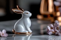 White ceramic bunny figurine with rose gold metallic accents sitting on reflective surface near delicate pink blossoms against dark background. Modern home decor element.