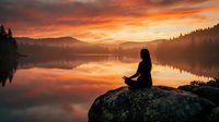 Woman meditating on rock at sunrise by calm lake surrounded by misty mountains and forest, peaceful nature scene for wellness and mindfulness content.