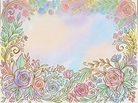 Watercolor floral frame with pastel roses, leaves, and swirls on soft rainbow background, perfect for greeting cards and invitations.