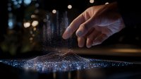 Hand sprinkling glowing magical dust particles against dark background with bokeh lights creating mystical atmospheric effect and sparkles in motion.