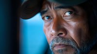 Middle-aged Hispanic man with mustache and cowboy hat in dramatic lighting. Close-up portrait showing weathered face and intense expression for western themes.