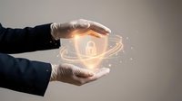 Businessman in formal attire holding glowing digital security shield with padlock icon and orbital lines, representing data protection and cybersecurity solutions for business use.
