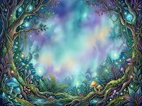 Enchanted forest frame with glowing magical lights, mystical trees, and luminous plants surrounding ethereal sky. Fantasy woodland border for design projects.