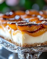 Caramelized peach cheesecake bars on crystal serving platter with graham cracker crust, creamy vanilla filling and glazed fruit topping, macro food photography.