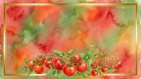 Watercolor tomatoes with green foliage on vibrant red, orange and green gradient background. Suitable for culinary designs, recipe cards, food packaging and kitchen decor projects.