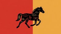 Black horse silhouette with decorative floral patterns on vibrant red and yellow split background for graphic design projects.